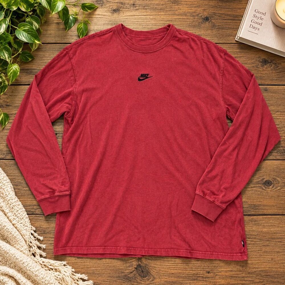Nike The Nike Tee Medium Washed Red Long Sleeve Shirt Black Embroidered Swoosh